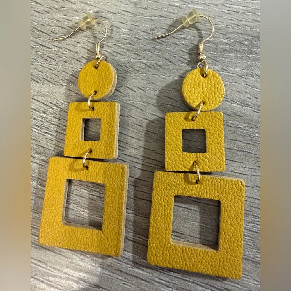 #726 Mustard Yellow Geometric Faux‎ Leather Dangle Earrings